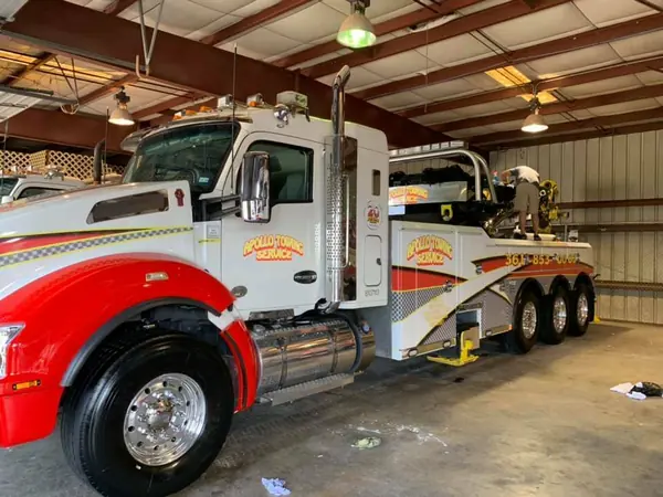 Apollo Towing heavy wrecker in its equipment shop